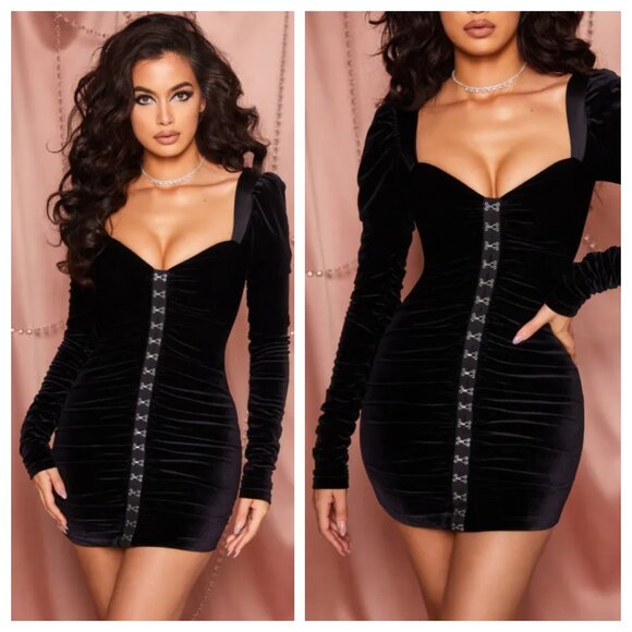 Oh Polly Totally Hooked Black Velvet Corset Hook Eye Puff Long Sleeve Dress - Picture 2 of 5